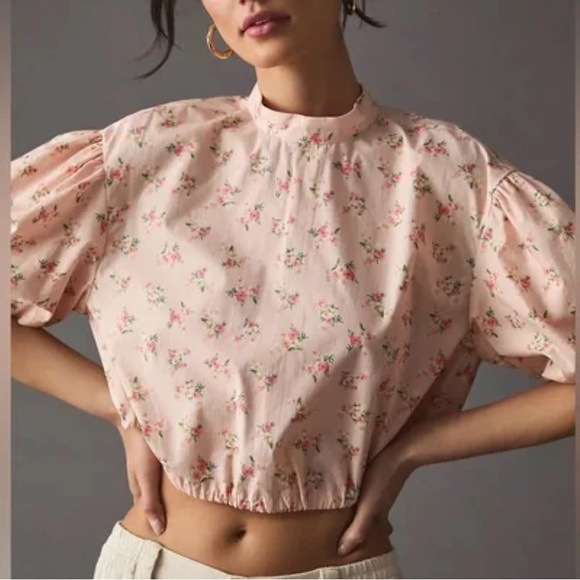 Anthropologie Cropped Bubble Sleeve Top - Picture 2 of 6